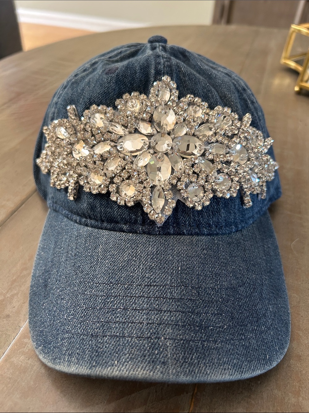 Embellished Denim Baseball Cap - Blue with Crystal Accent